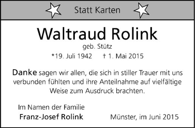  Traueranzeige für Waltraud Rolink vom 13.06.2015 aus Westfälische Nachrichten