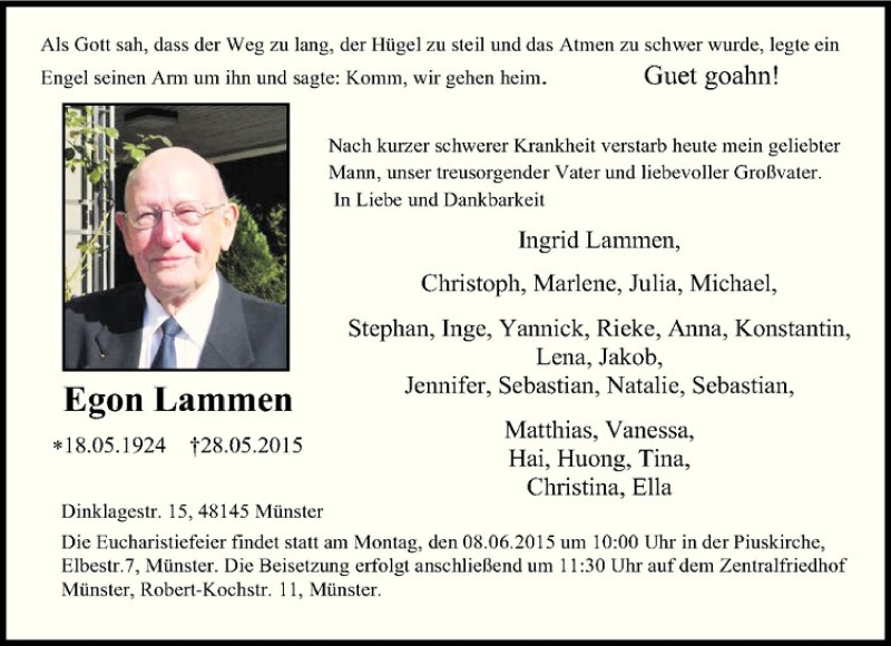  Traueranzeige für Egon Lammen vom 03.06.2015 aus Westfälische Nachrichten
