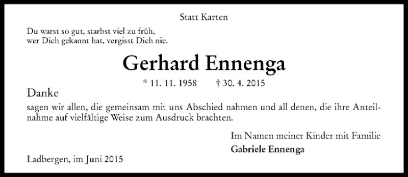  Traueranzeige für Gerhard  Ennenga vom 17.06.2015 aus Westfälische Nachrichten