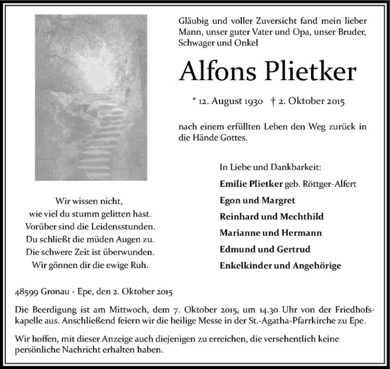  Traueranzeige für Alfons Plietker vom 05.10.2015 aus Westfälische Nachrichten