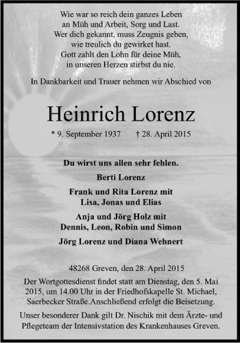 Anzeige von Heinrich Lorenz von Westfälische Nachrichten