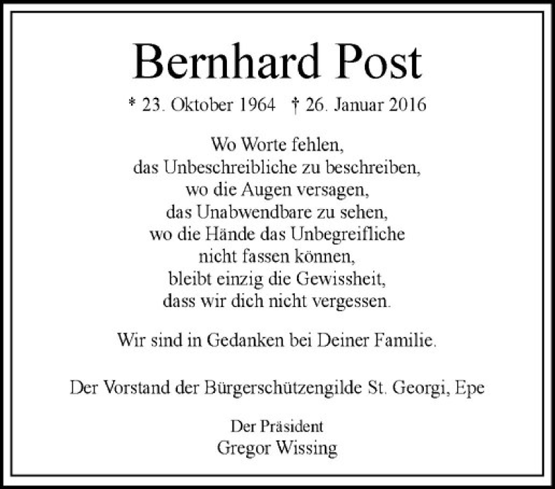  Traueranzeige für Bernhard Post vom 02.02.2016 aus Westfälische Nachrichten