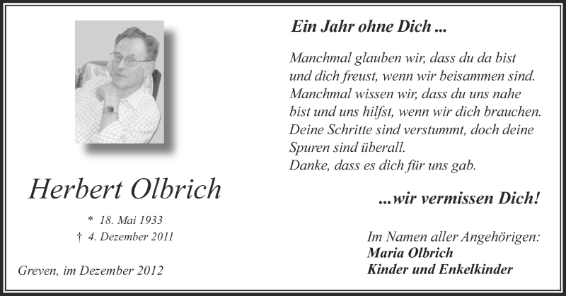  Traueranzeige für Herbert Olbrich vom 04.12.2012 aus Münstersche Zeitung und Grevener Zeitung