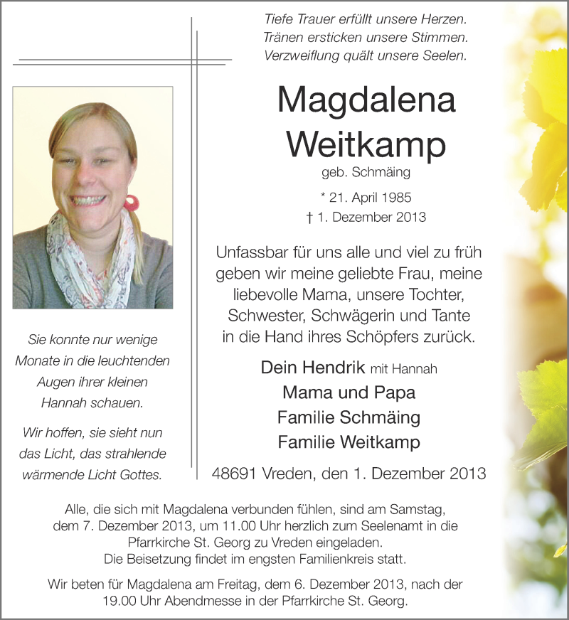  Traueranzeige für Magdalena Weitkamp vom 05.12.2013 aus Münstersche Zeitung und Münsterland Zeitung
