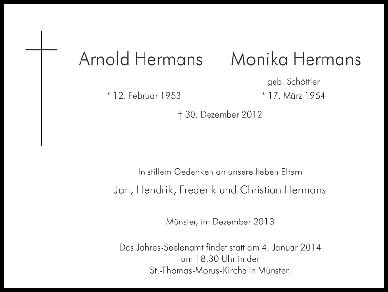  Traueranzeige für Arnold und Monika Hermans vom 28.12.2013 aus Münstersche Zeitung und Grevener Zeitung