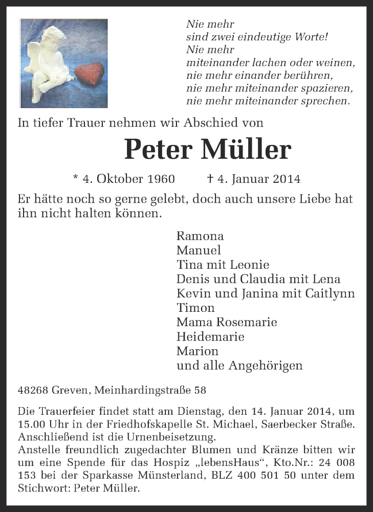  Traueranzeige für Peter Müller vom 13.01.2014 aus Münstersche Zeitung und Grevener Zeitung