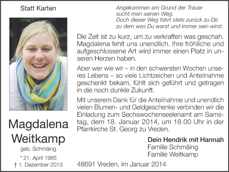 Traueranzeige für Magdalena Weitkamp vom 15.01.2014 aus Münstersche Zeitung und Münsterland Zeitung