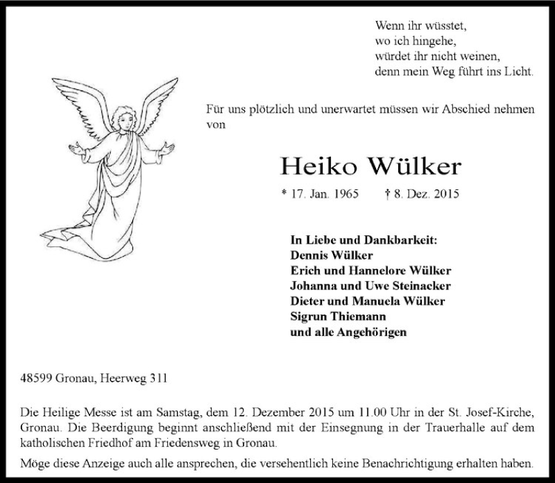  Traueranzeige für Heiko Wülker vom 10.12.2015 aus Westfälische Nachrichten