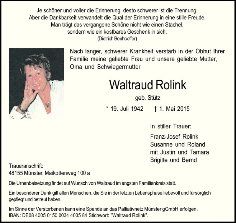  Traueranzeige für Waltraud Rolink vom 09.05.2015 aus Westfälische Nachrichten
