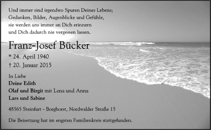  Traueranzeige für Franz-Josef Bücker vom 28.01.2015 aus Westfälische Nachrichten