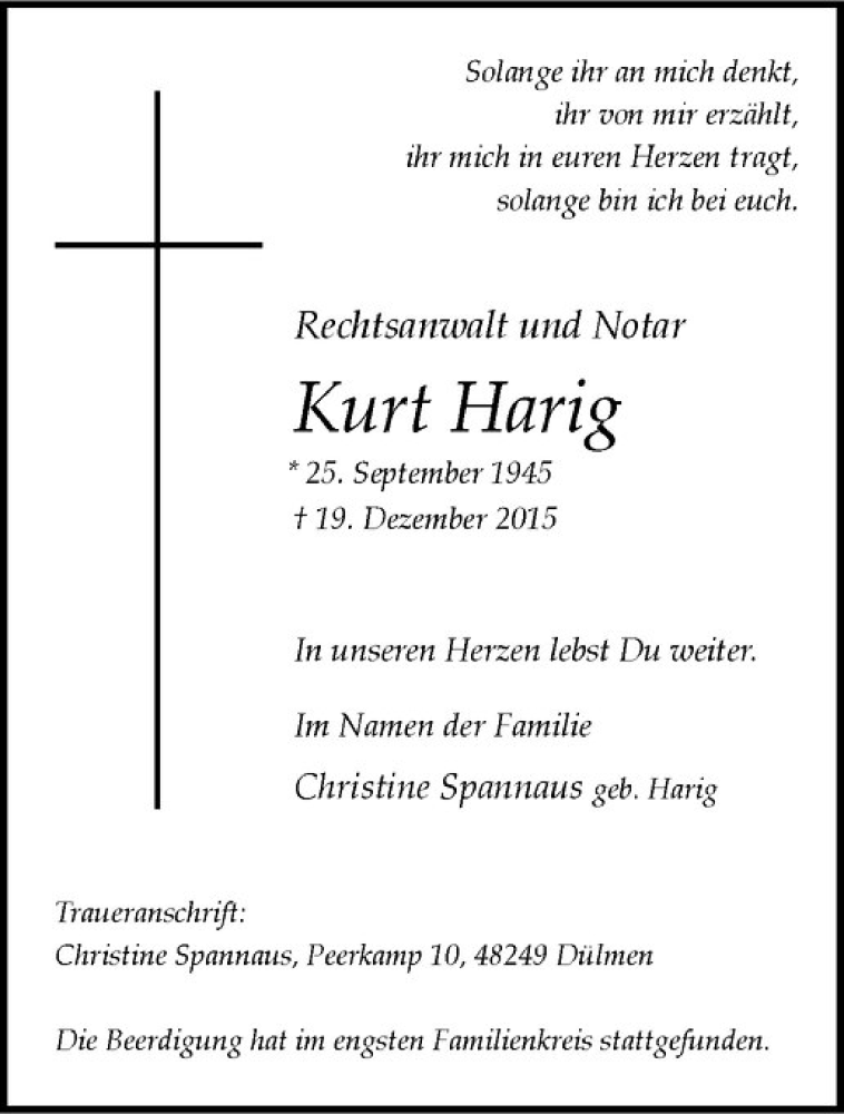  Traueranzeige für Kurt Harig vom 24.12.2015 aus Westfälische Nachrichten