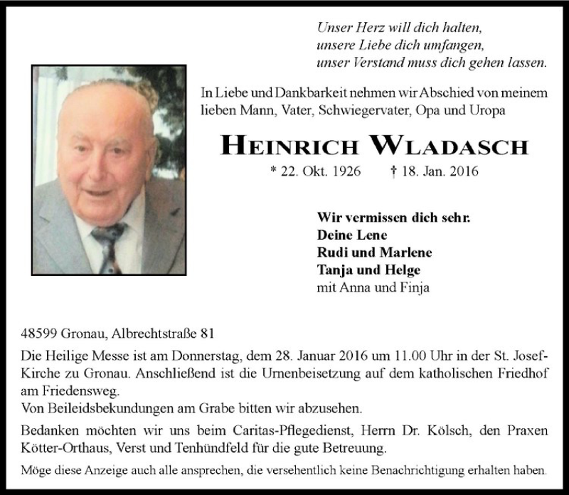  Traueranzeige für Heinrich Wladasch vom 23.01.2016 aus Westfälische Nachrichten