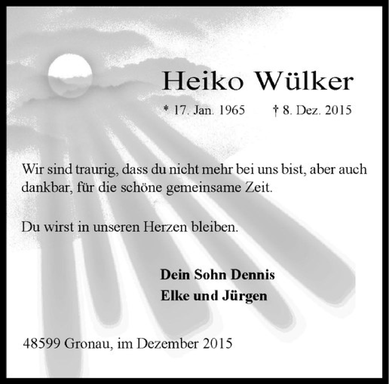  Traueranzeige für Heiko Wülker vom 11.12.2015 aus Westfälische Nachrichten