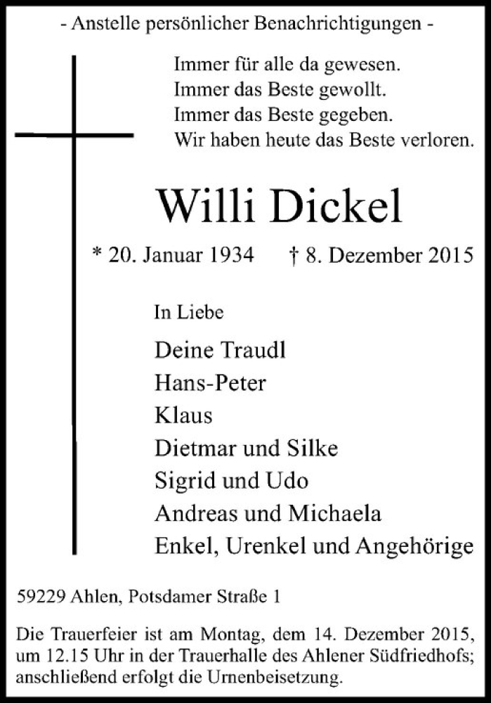  Traueranzeige für Willi Dickel vom 10.12.2015 aus Westfälische Nachrichten