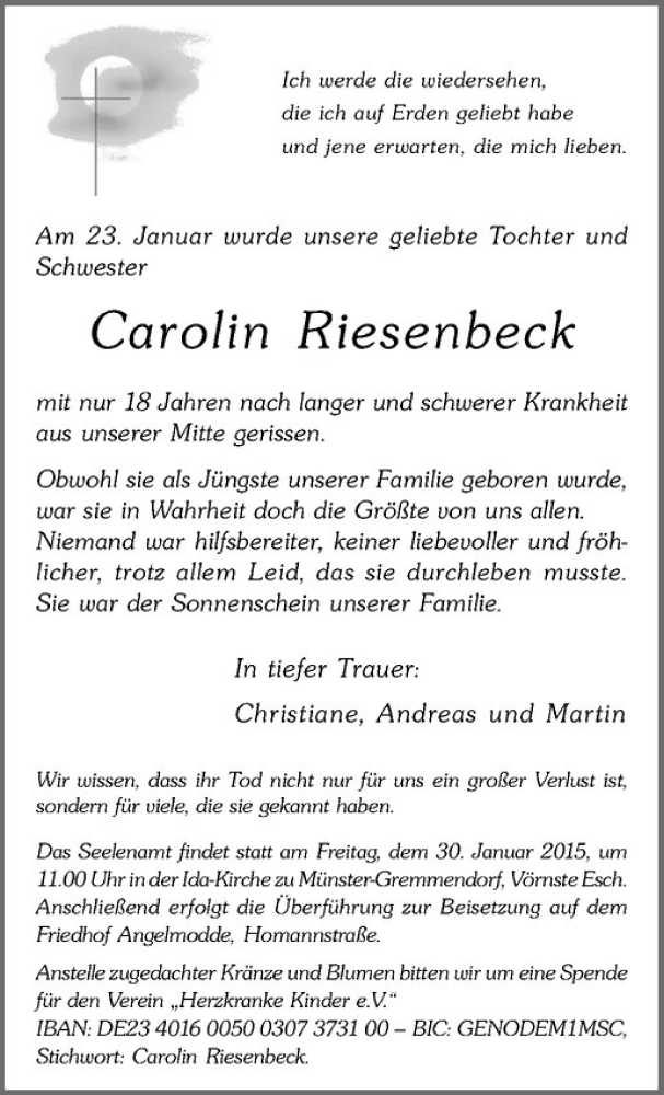  Traueranzeige für Carolin Riesenbeck vom 28.01.2015 aus Westfälische Nachrichten