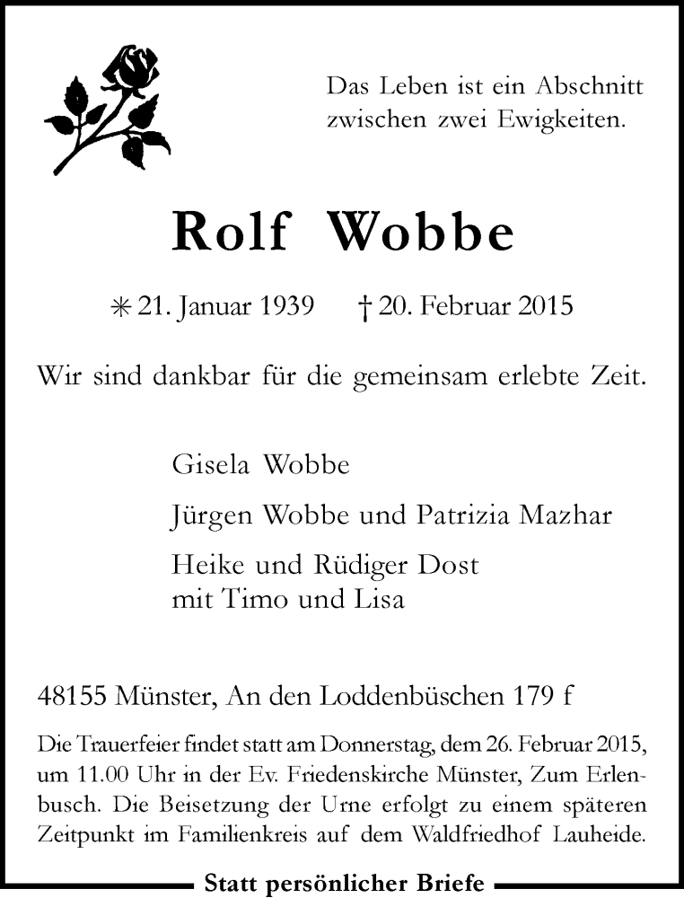 Traueranzeige für Rolf Wobbe vom 24.02.2015 aus Westfälische Nachrichten