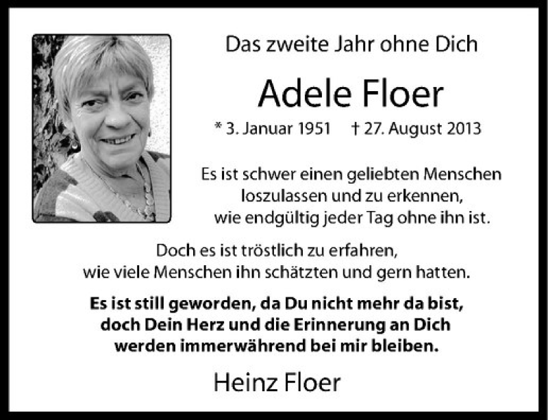  Traueranzeige für Adele Floer vom 27.08.2015 aus Westfälische Nachrichten