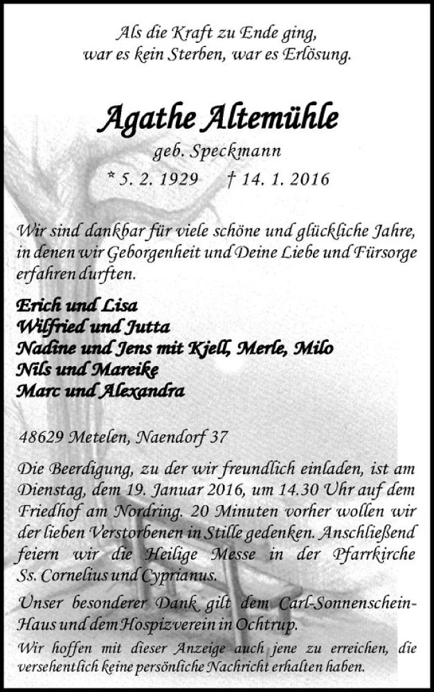  Traueranzeige für Agathe Altemühle vom 16.01.2016 aus Westfälische Nachrichten