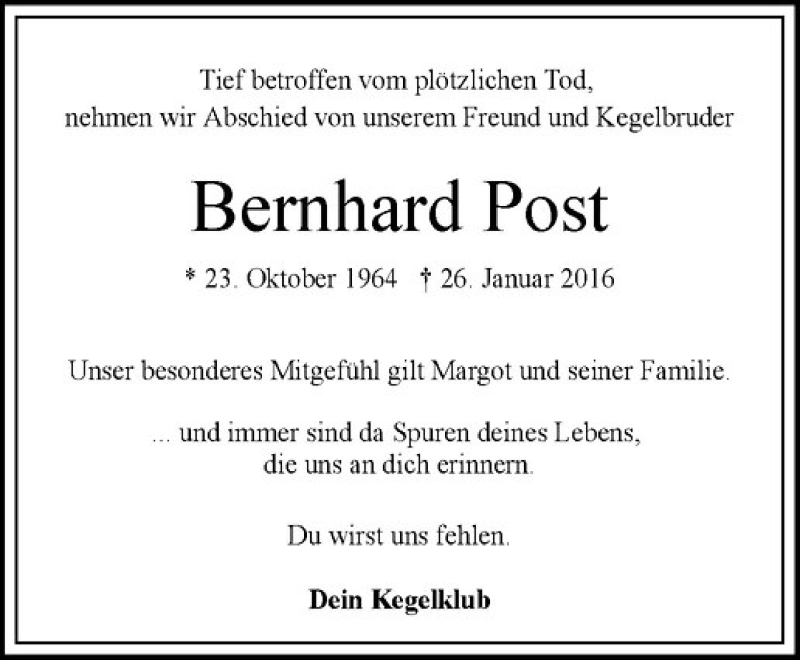  Traueranzeige für Bernhard Post vom 03.02.2016 aus Westfälische Nachrichten