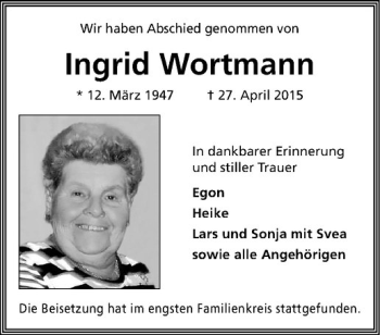Anzeige von Ingrid Wortmann von Westfälische Nachrichten