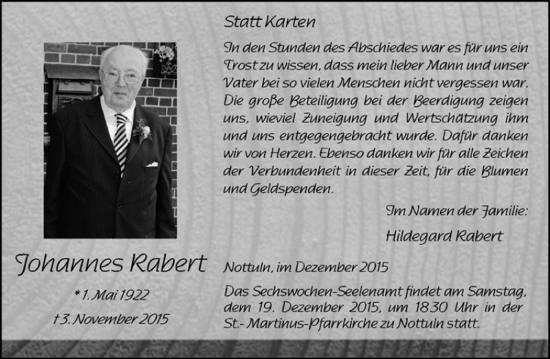  Traueranzeige für Johannes Rabert vom 12.12.2015 aus Westfälische Nachrichten