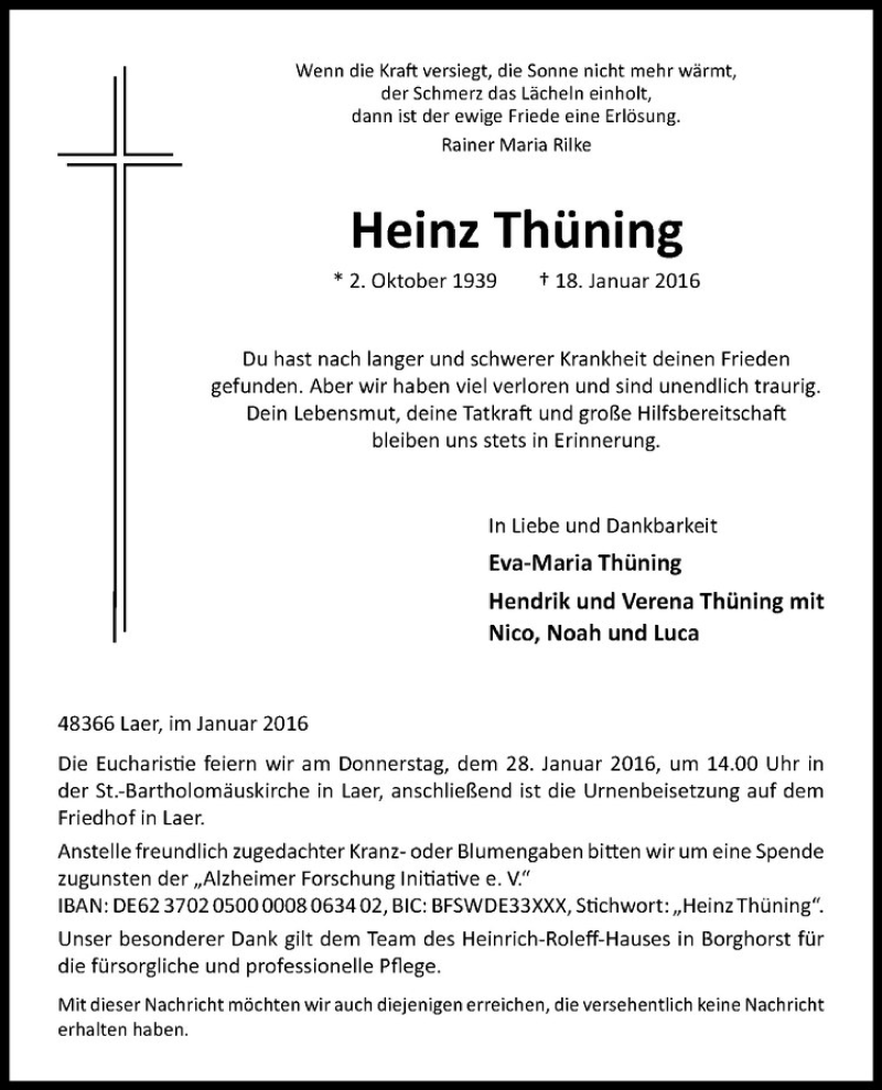  Traueranzeige für Heinz Thüning vom 23.01.2016 aus Westfälische Nachrichten