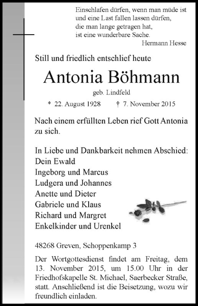  Traueranzeige für Antonia Böhmann vom 11.11.2015 aus Westfälische Nachrichten