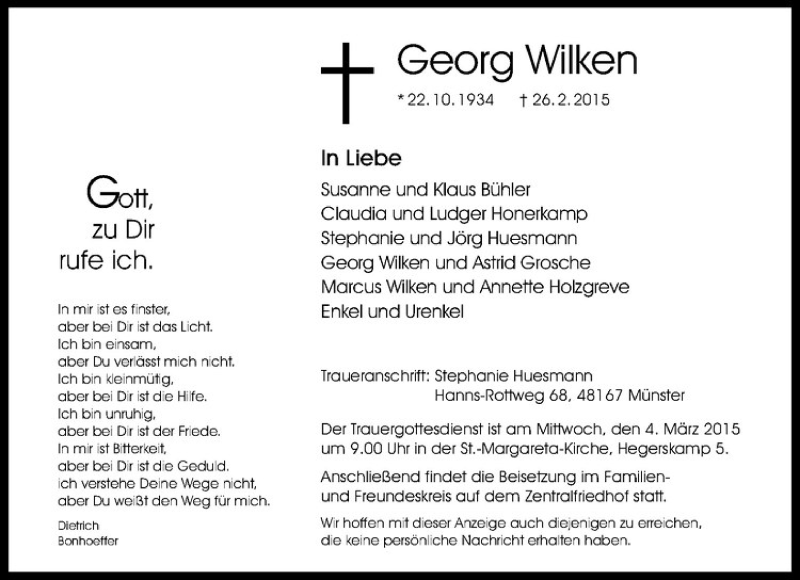  Traueranzeige für Georg Wilken vom 04.03.2015 aus Westfälische Nachrichten