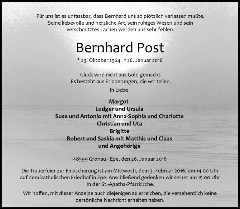  Traueranzeige für Bernhard Post vom 30.01.2016 aus Westfälische Nachrichten