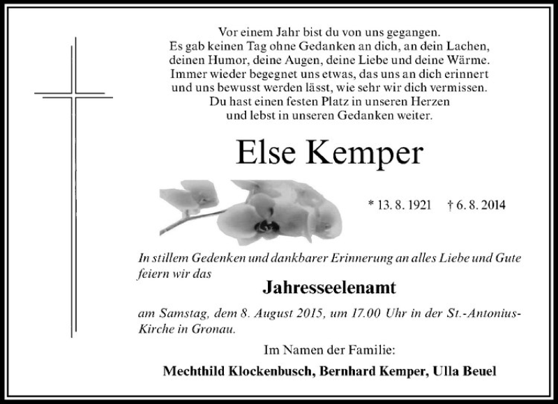  Traueranzeige für Else Kemper vom 01.08.2015 aus Westfälische Nachrichten