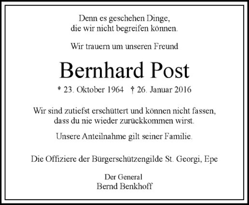  Traueranzeige für Bernhard Post vom 02.02.2016 aus Westfälische Nachrichten