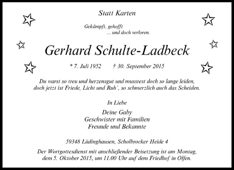  Traueranzeige für Gerhard Schulte-Ladbeck vom 02.10.2015 aus Westfälische Nachrichten