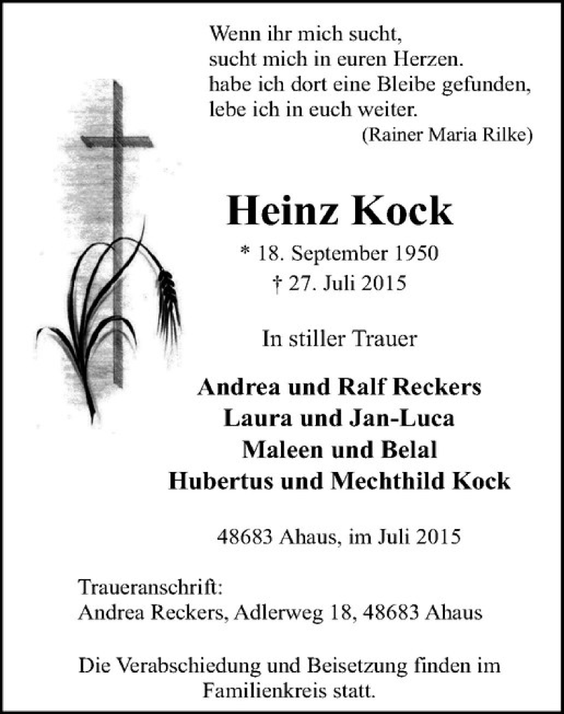  Traueranzeige für Heinz Kock vom 01.08.2015 aus Westfälische Nachrichten