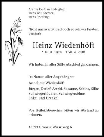 Anzeige von Heinz Wiedenhöft von Westfälische Nachrichten