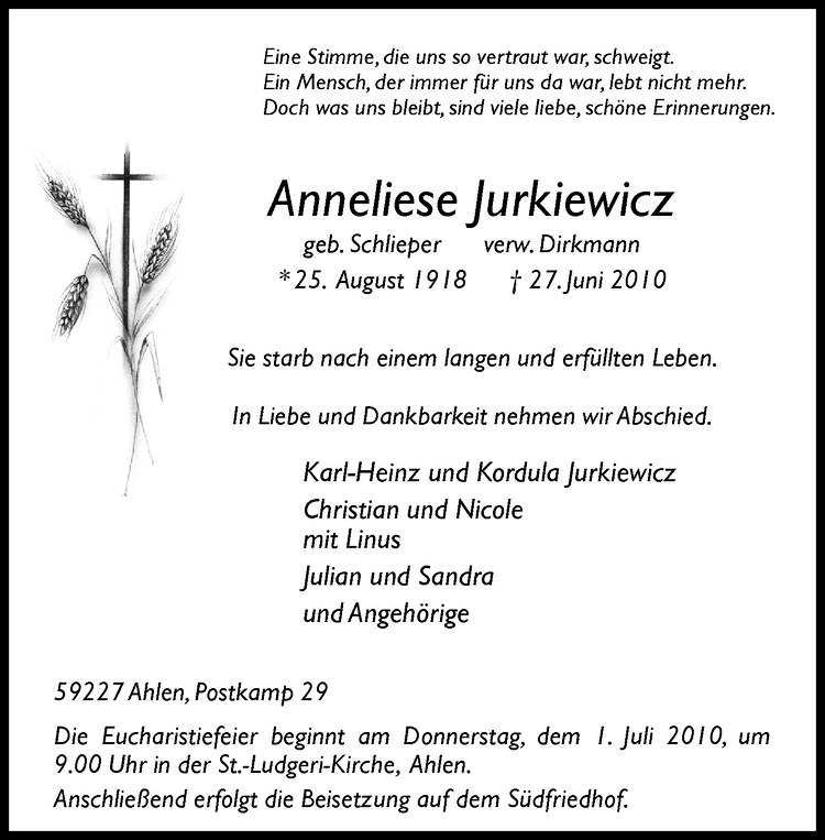  Traueranzeige für Anneliese Jurkiewicz vom 29.06.2010 aus Westfälische Nachrichten
