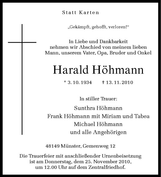  Traueranzeige für Harald Höhmann vom 20.11.2010 aus Westfälische Nachrichten