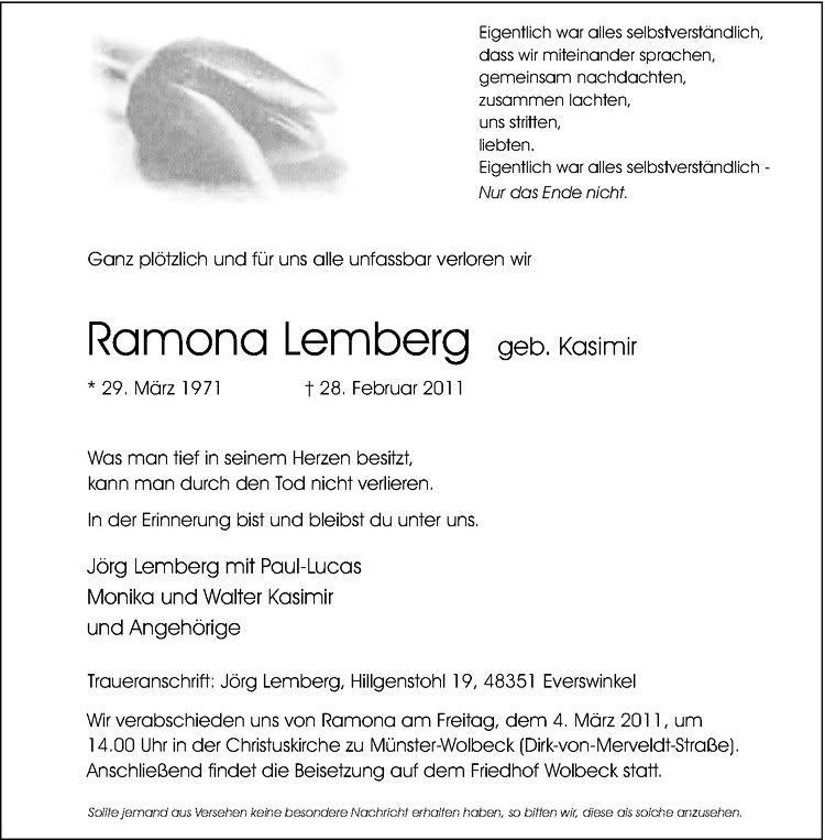  Traueranzeige für Ramona Lemberg vom 02.03.2011 aus Westfälische Nachrichten