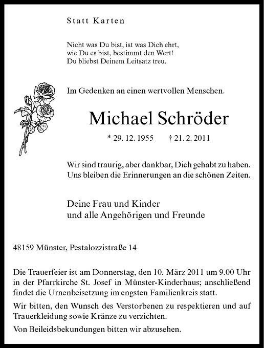  Traueranzeige für Michael Schröder vom 02.03.2011 aus Westfälische Nachrichten