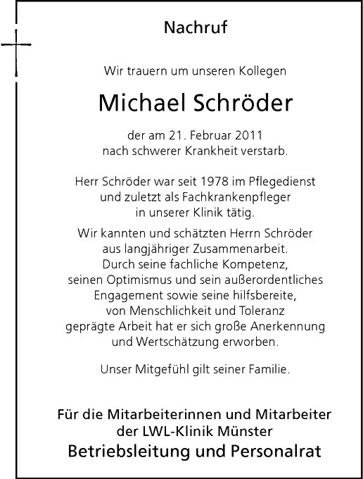  Traueranzeige für Michael Schröder vom 02.03.2011 aus Westfälische Nachrichten