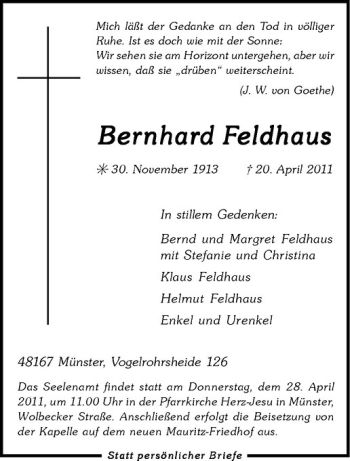 Anzeige von Bernhard Feldhaus von Westfälische Nachrichten