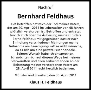 Anzeige von Bernhard Feldhaus von Westfälische Nachrichten
