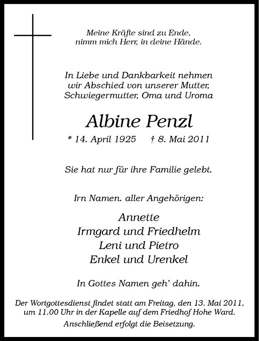  Traueranzeige für Albine Penzl vom 11.05.2011 aus Westfälische Nachrichten