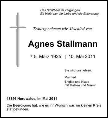 Anzeige von Agnes Stallmann von Westfälische Nachrichten