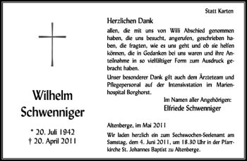 Anzeige von Wilhelm Schwenniger von Westfälische Nachrichten