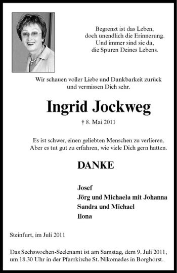 Anzeige von Ingrid Jockweg von Westfälische Nachrichten