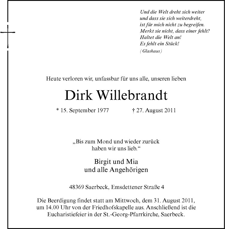  Traueranzeige für Dirk Willebrandt vom 30.08.2011 aus Westfälische Nachrichten