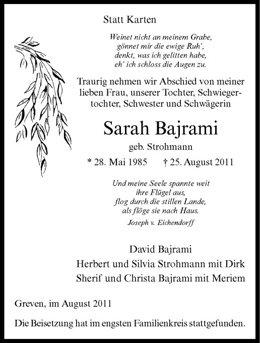  Traueranzeige für Sarah Bajrami vom 31.08.2011 aus Westfälische Nachrichten