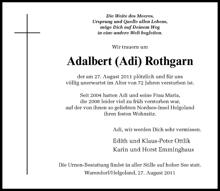  Traueranzeige für Adalbert Rothgarn vom 31.08.2011 aus Westfälische Nachrichten