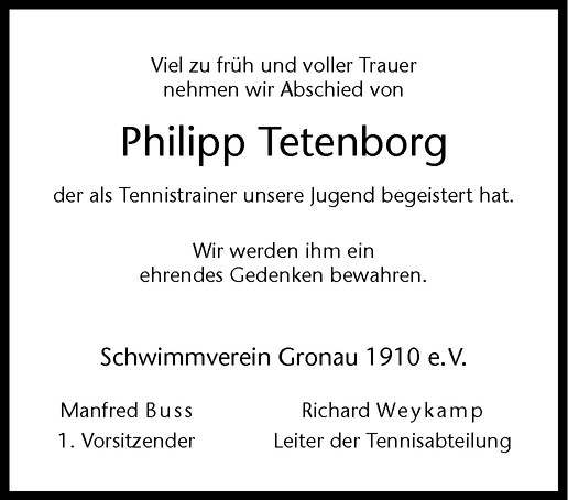  Traueranzeige für Philipp Tetenborg vom 31.08.2011 aus Westfälische Nachrichten