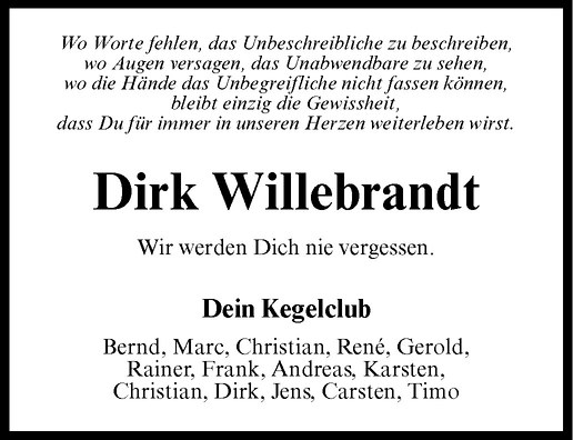  Traueranzeige für Dirk Willebrandt vom 02.09.2011 aus Westfälische Nachrichten